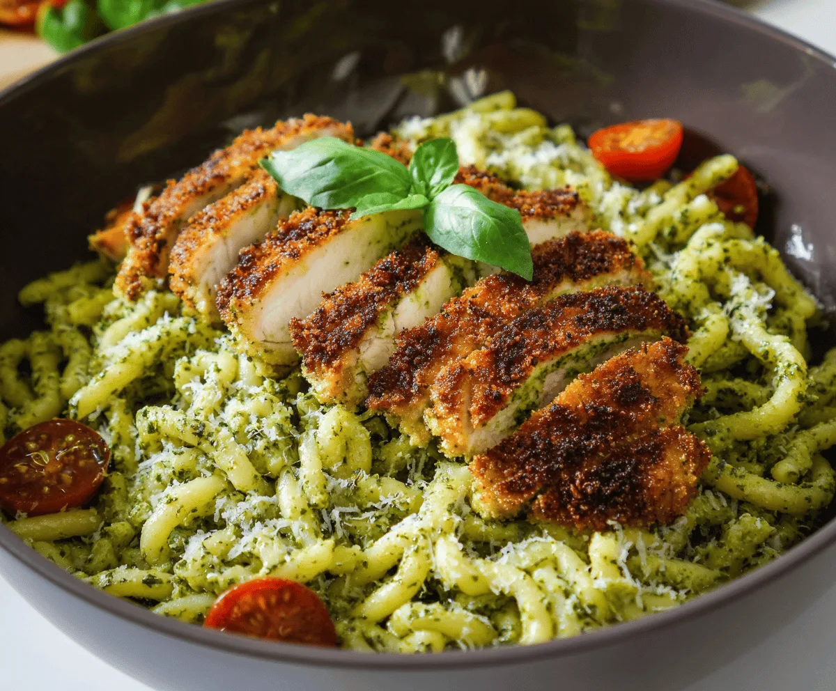 Creamy Pesto Pasta with Crispy Parmesan Chicken