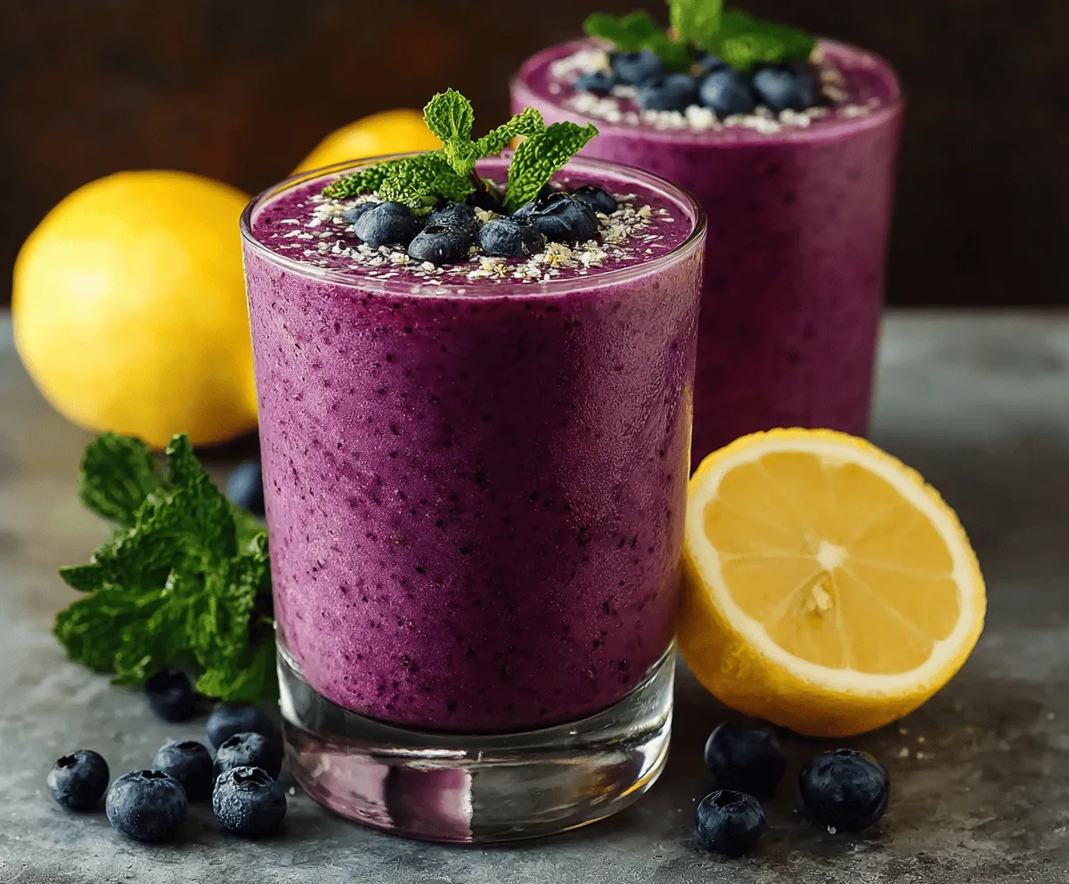 Chilled lemon-blueberry smoothie in a glass with fresh blueberries and lemon slices, perfect for anti-inflammatory health benefits.