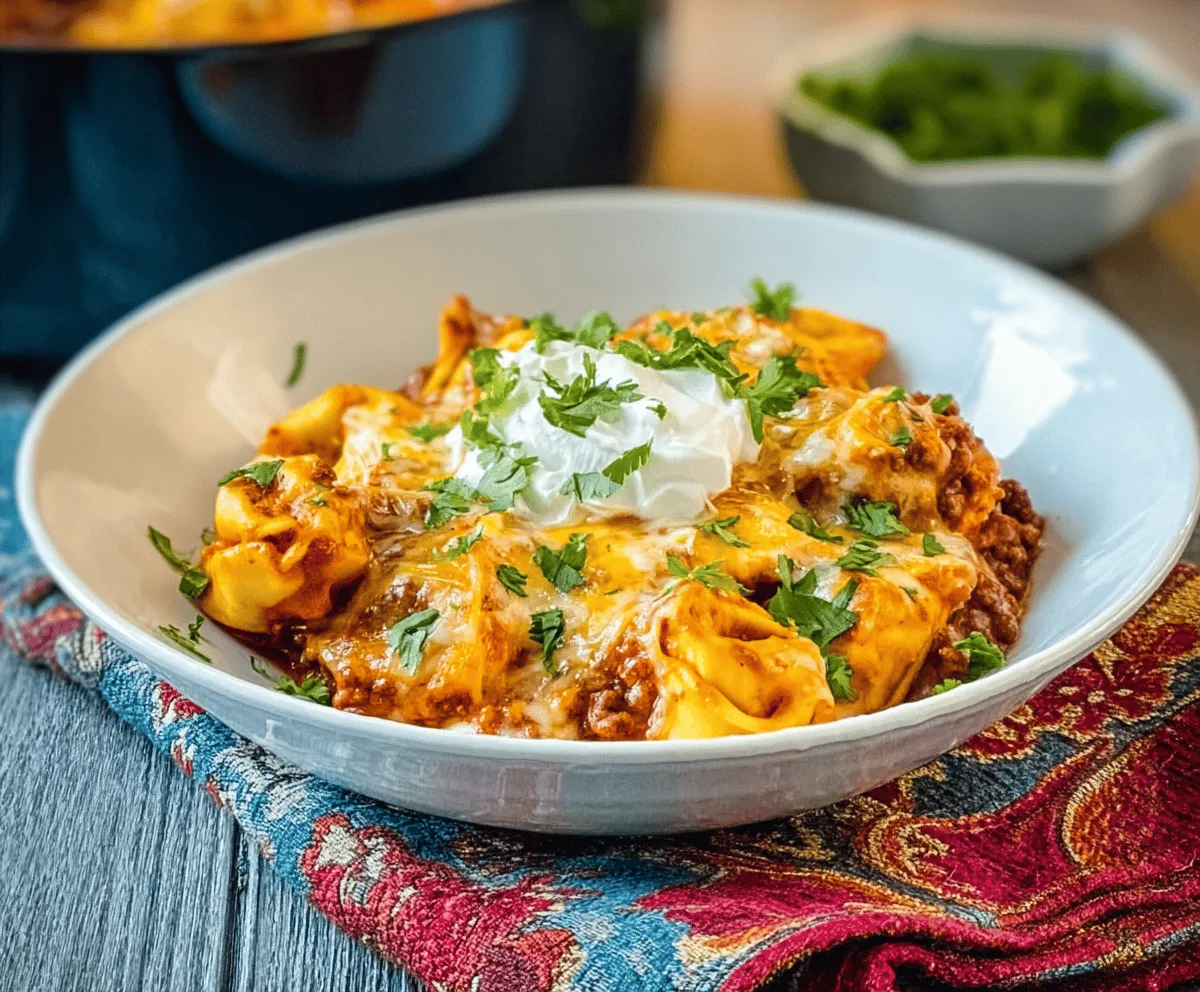 Cheesy beef enchiladas tortellini served on a plate topped with fresh herbs, showcasing a creamy and cheesy twist on classic comfort food.