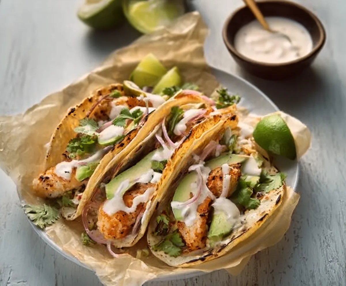 Easy Mexican Fish Tacos with Lime Crema