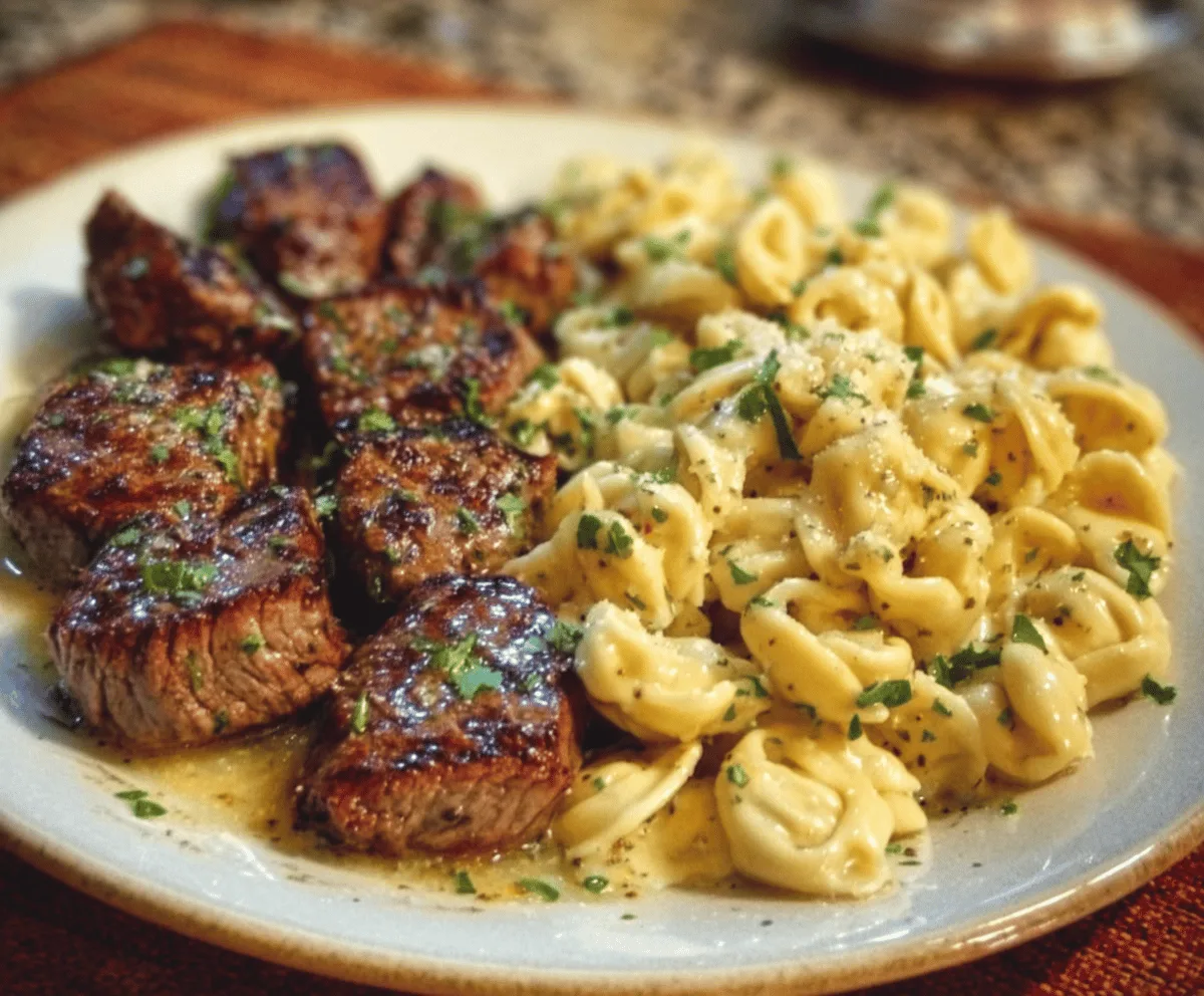 Close-up of sizzling butter steak bites served with fresh herbs, showcasing a juicy and flavorful dish.