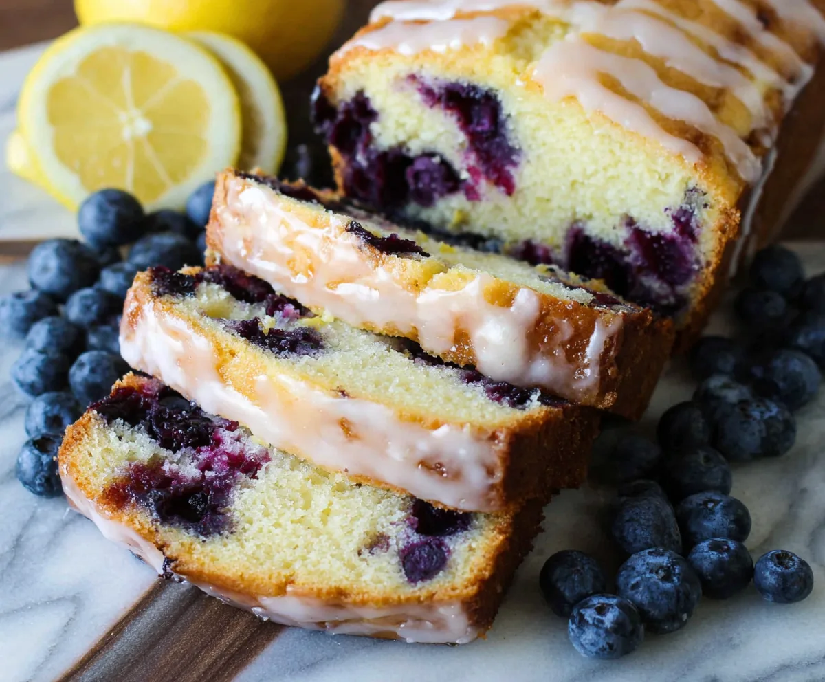 Golden Lemon Blueberry Loaf Cake garnished with fresh blueberries and lemon slices, perfect for breakfast or dessert.
