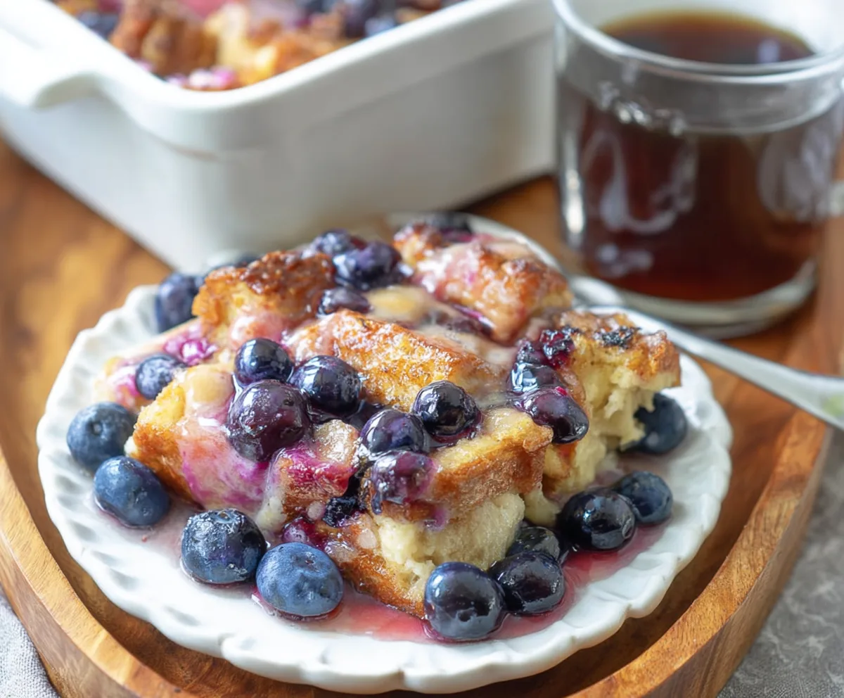Delicious overnight blueberry French toast casserole topped with fresh blueberries and powdered sugar.