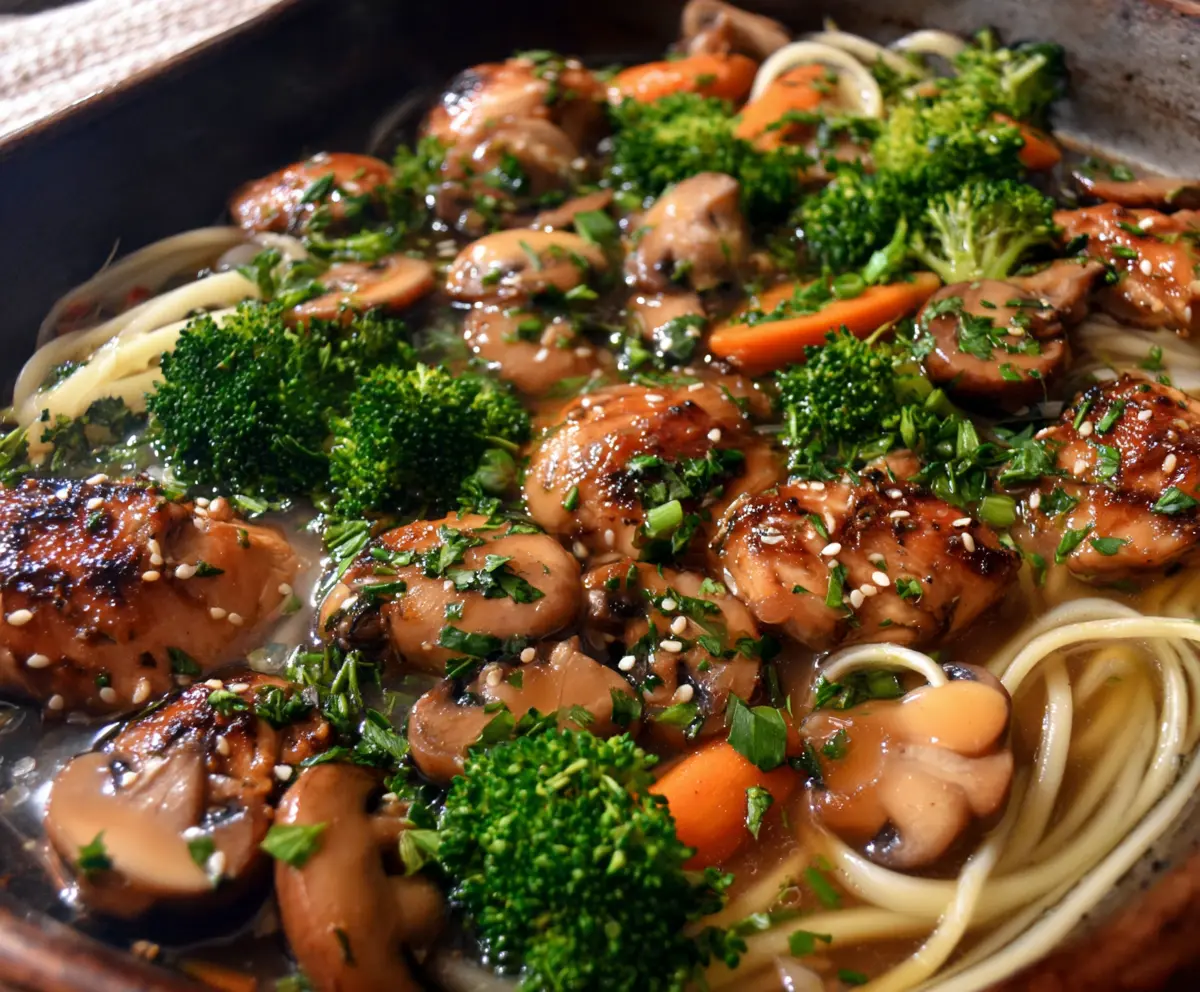 Delicious broccolini and mushroom pasta served on a plate, showcasing fresh vegetables and pasta.