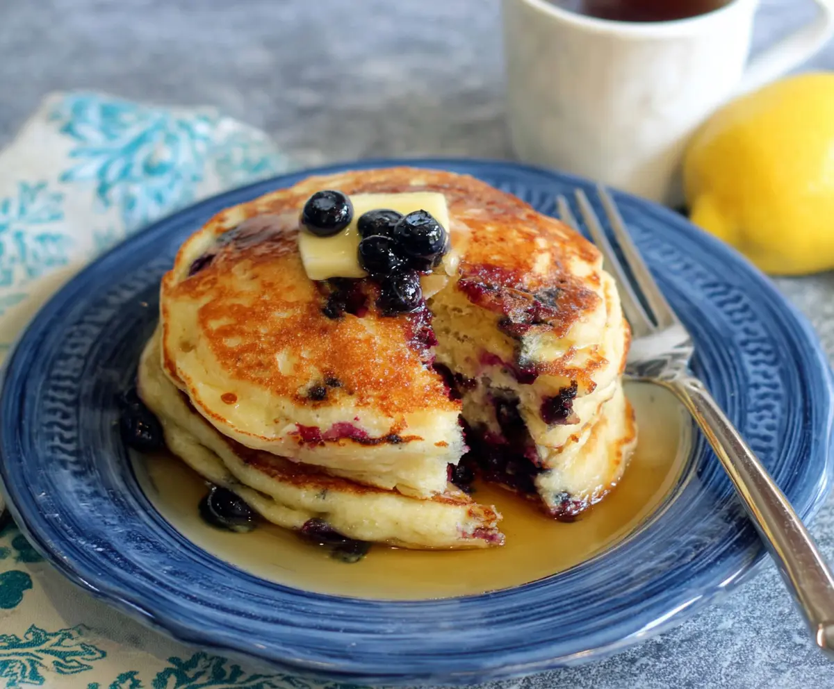 Delicious Lemon Blueberry Pancakes topped with fresh blueberries and lemon zest served on a white plate.