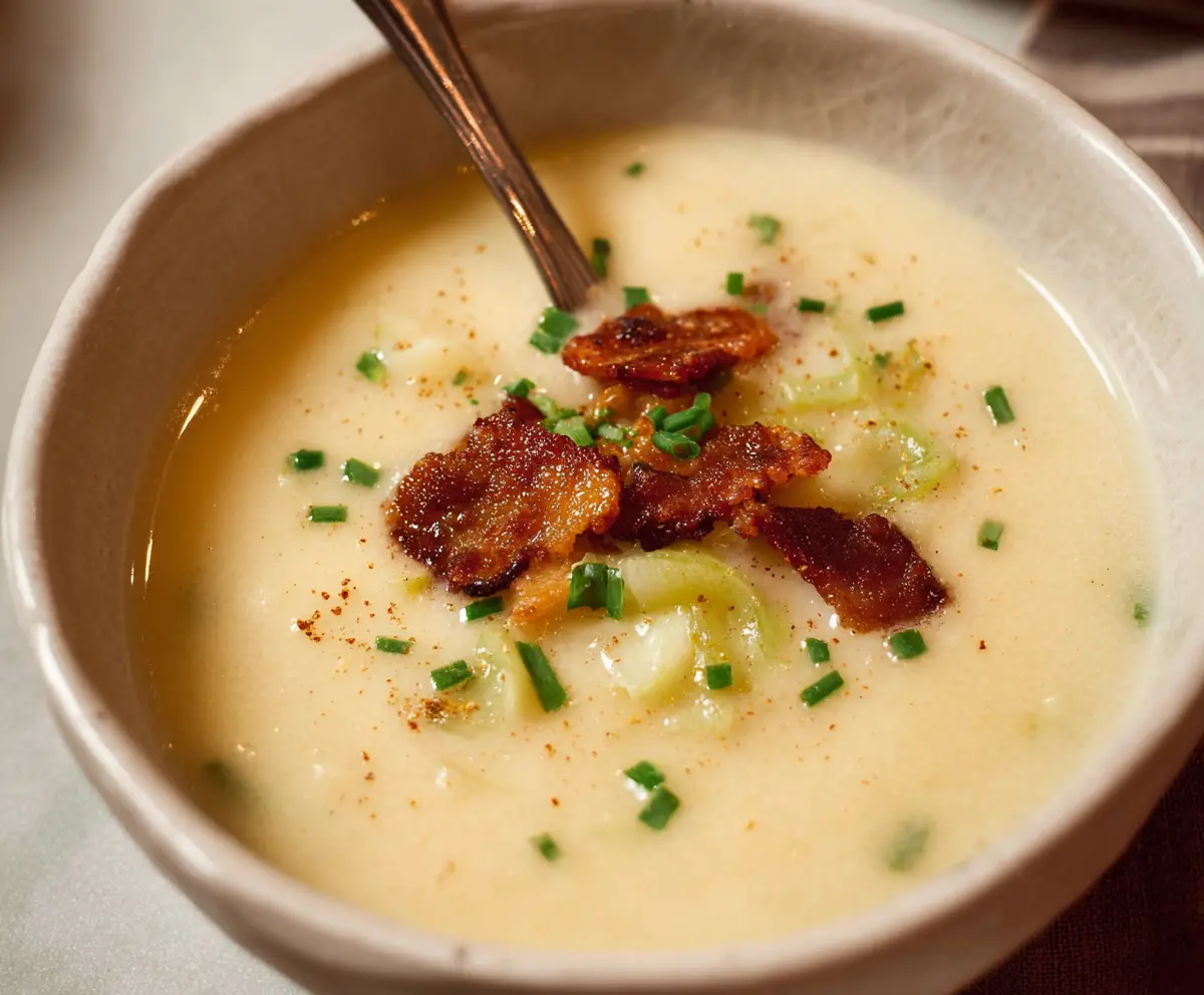 Creamy Potato Leek Soup with Crispy Bacon