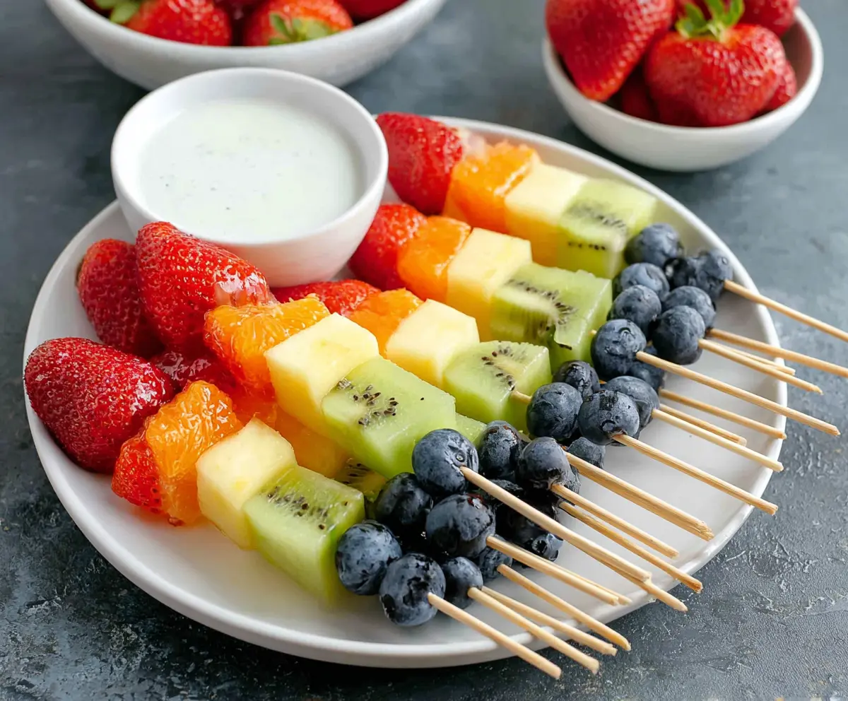Fresh Rainbow Fruit Skewers with Honey Lime Dip
