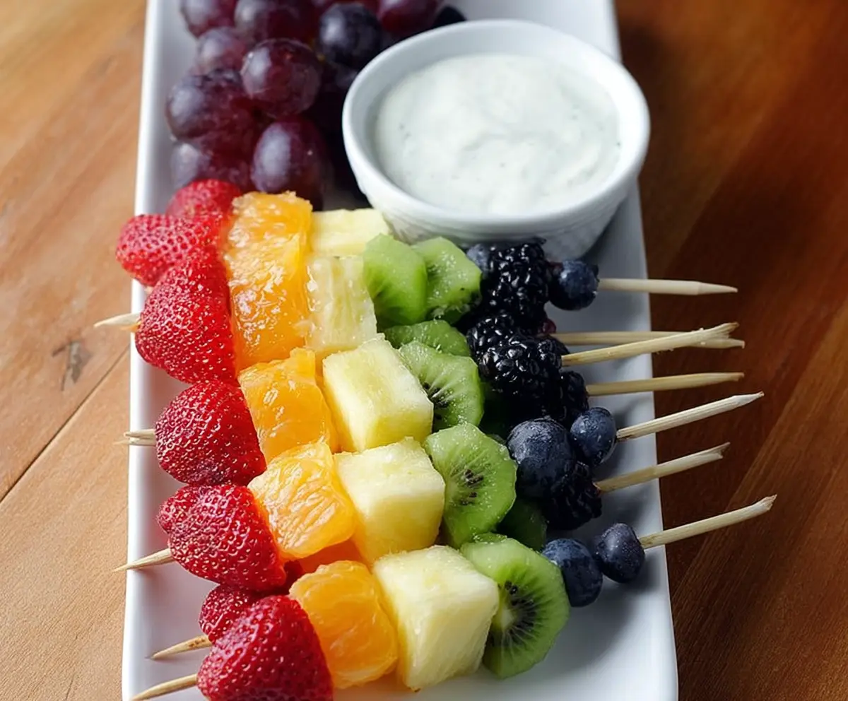 Fresh Rainbow Fruit Skewers with Honey Lime Dip