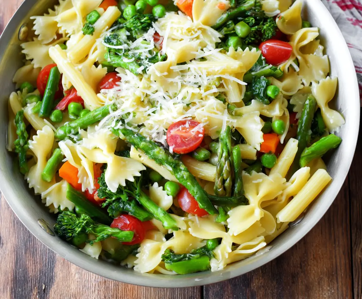 Colorful Spring Vegetable Pasta Primavera with fresh asparagus, cherry tomatoes, and bell peppers in a light sauce.