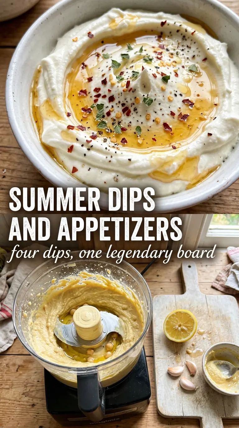 Summer dip board with hummus, whipped feta, guacamole, and tzatziki, colorful and fresh