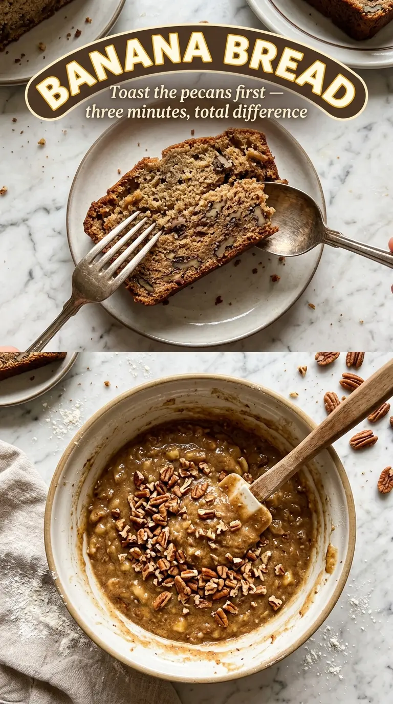 Banana bread with brown sugar and pecans, moist crumb