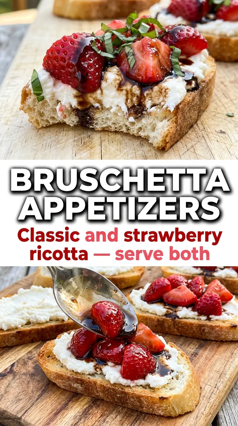 Bruschetta appetizers with tomato and strawberry, crisp toasted bread