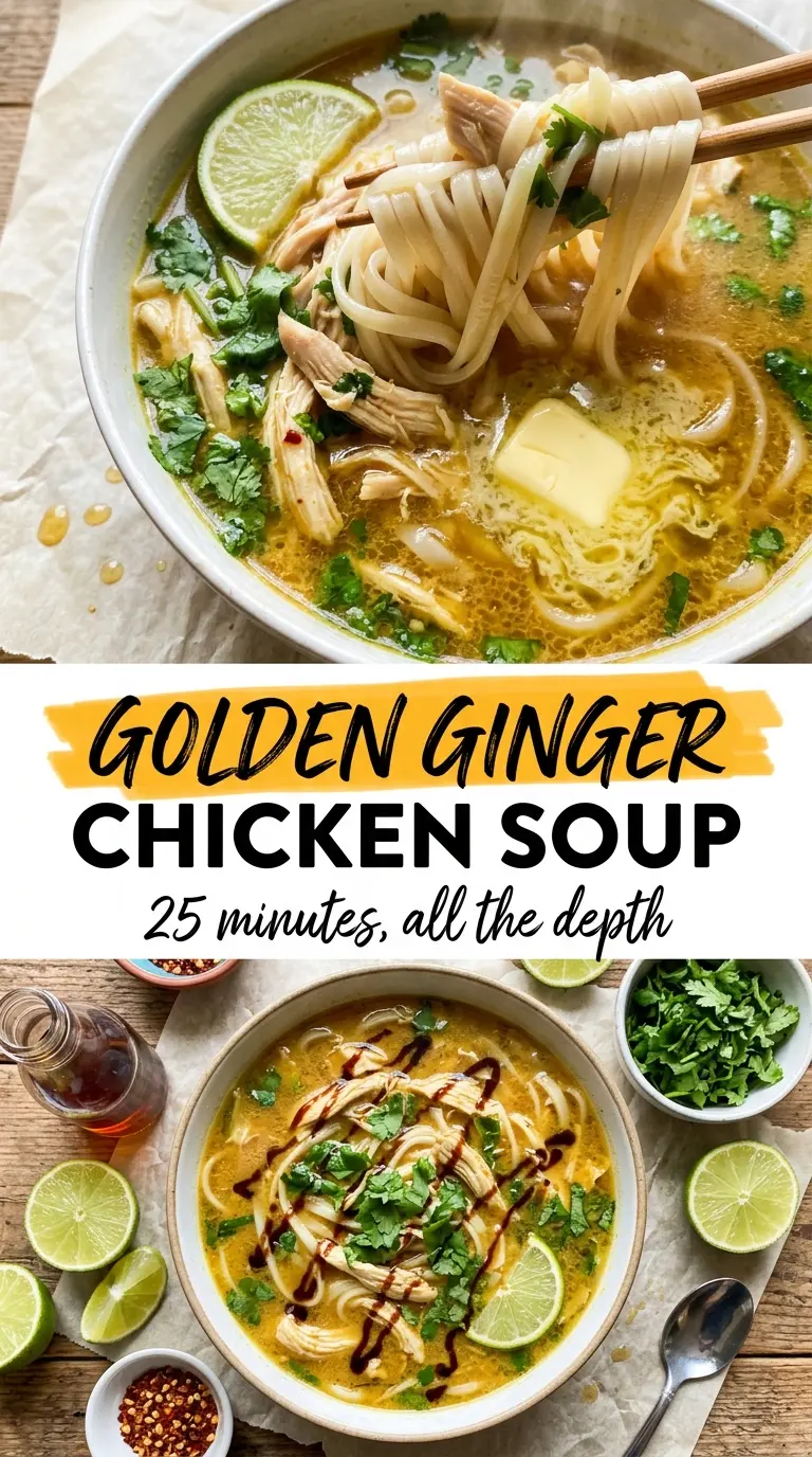 Chicken noodle soup golden broth bright herbs