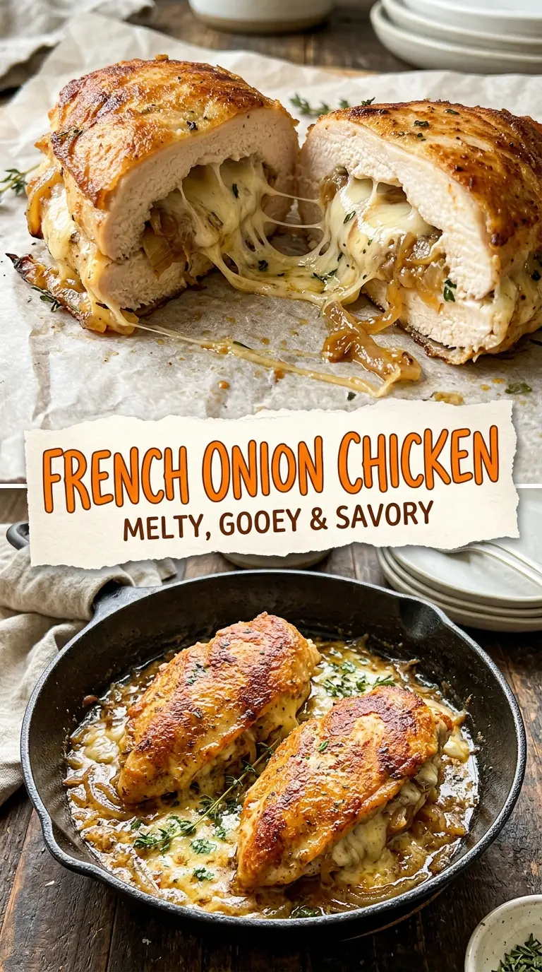 French Onion Stuffed Chicken, cheesy, caramelized