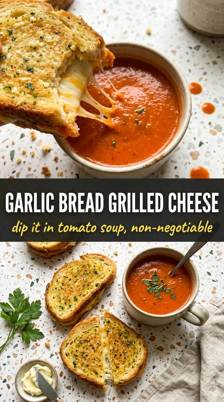 Garlic Bread Grilled Cheese with tomato soup, melty, golden