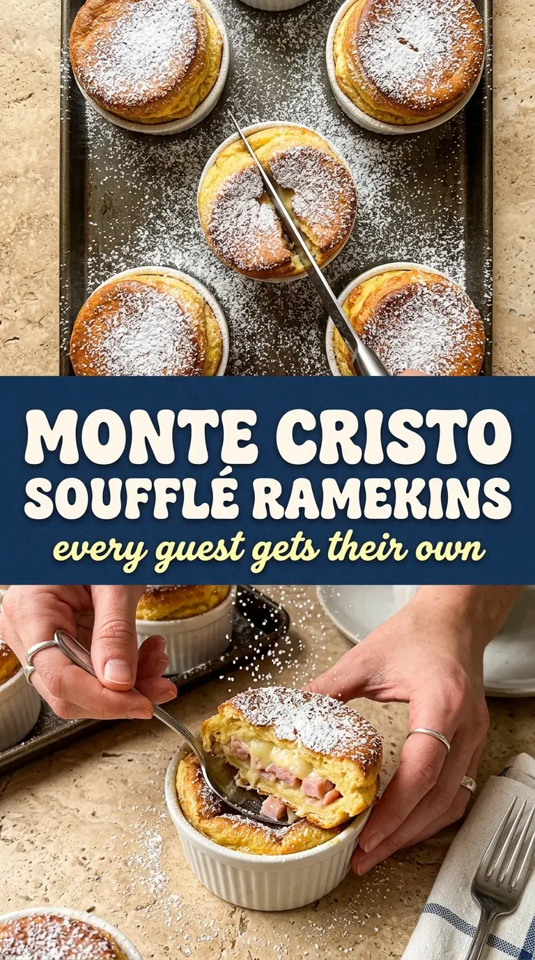 Monte Cristo breakfast casserole golden puffed ramekins raspberry coulis