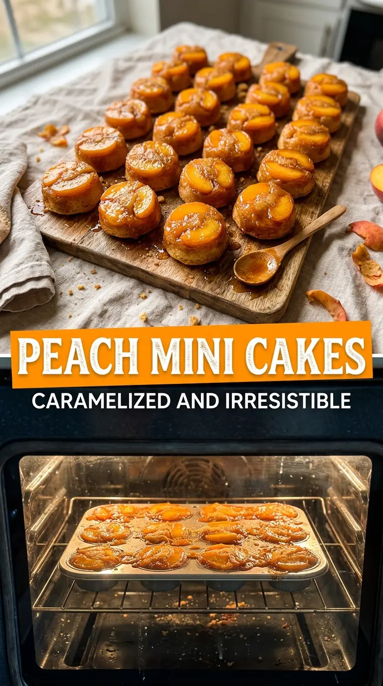 Peach Upside Down Mini Cakes cupcakes caramelized peaches, tender crumb, glossy topping