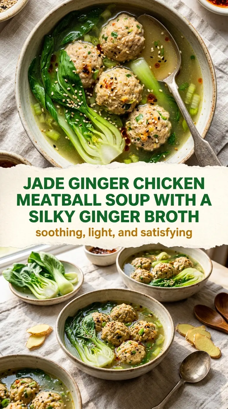 Ginger chicken meatball soup with baby bok choy, light, soothing, silky