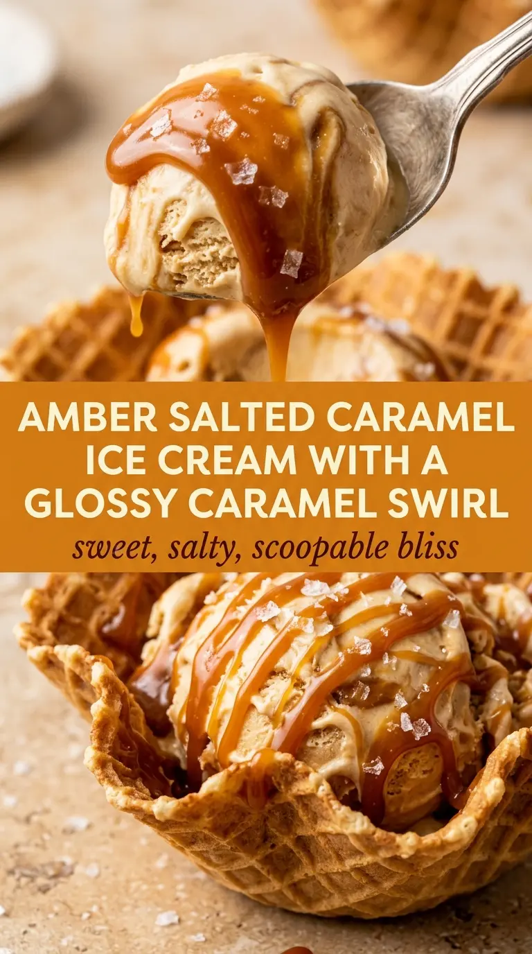 Salted Caramel Ice Cream creamy swirls, caramel ribbons, flaky salt