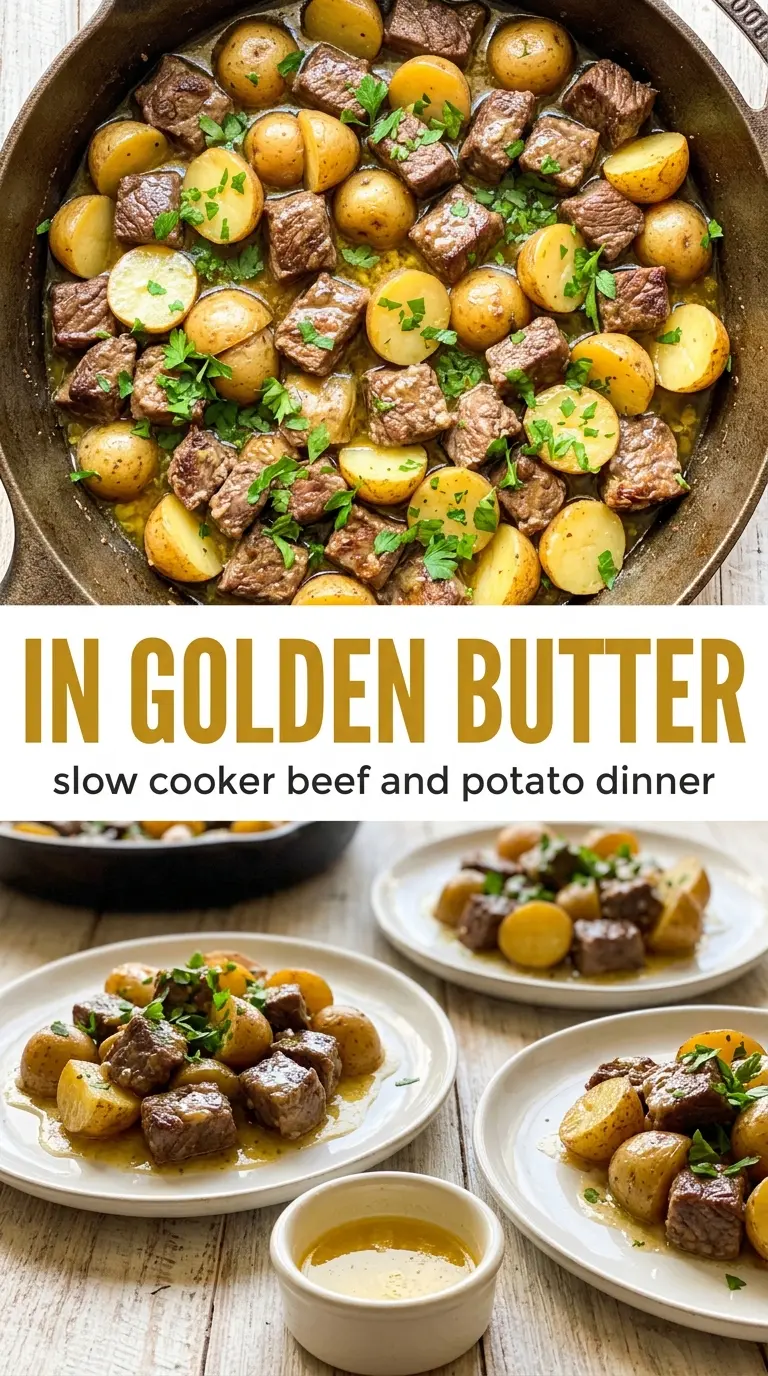Slow Cooker Garlic Butter Beef Bites with Potatoes, tender savory potatoes