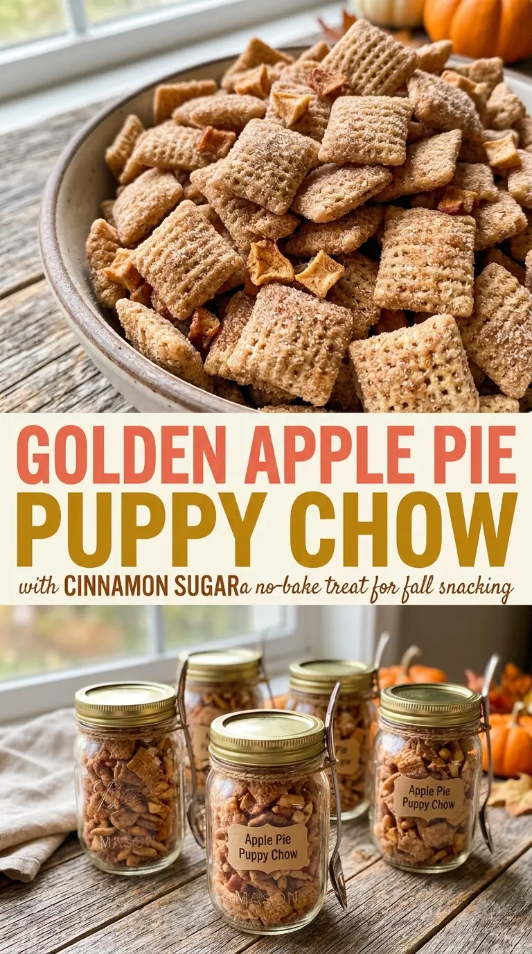 apple pie puppy chow cinnamon coated crunchy bite-size pieces