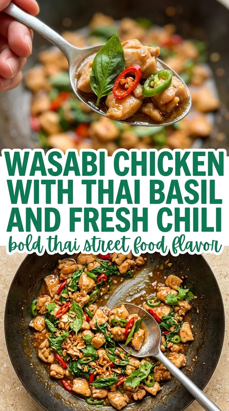 Thai basil chicken glossy sauce fragrant herbs sizzling