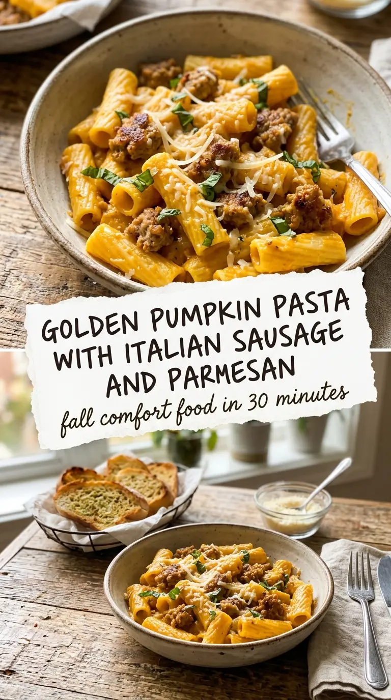 Creamy pumpkin pasta with Italian sausage, savory, velvety