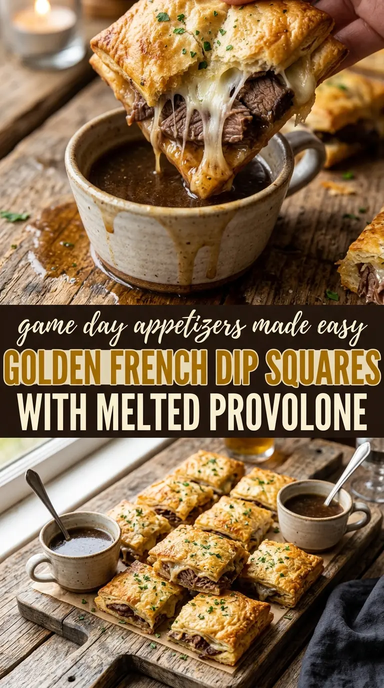 French Dip Squares cheesy roast beef golden rolls