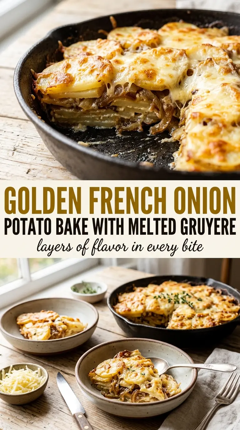 French Onion Potato Bake with caramelized onions, Gruyere crust, tender potatoes