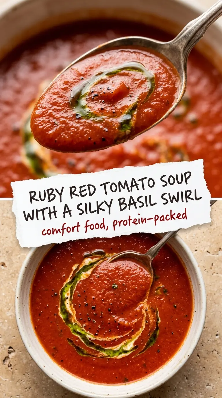 high protein tomato soup silky vibrant red creamy swirl