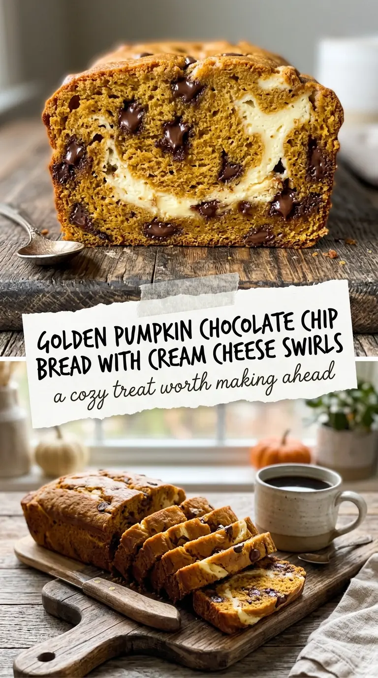 Pumpkin chocolate chip bread with cream cheese swirls, moist, spiced, chocolate-studded