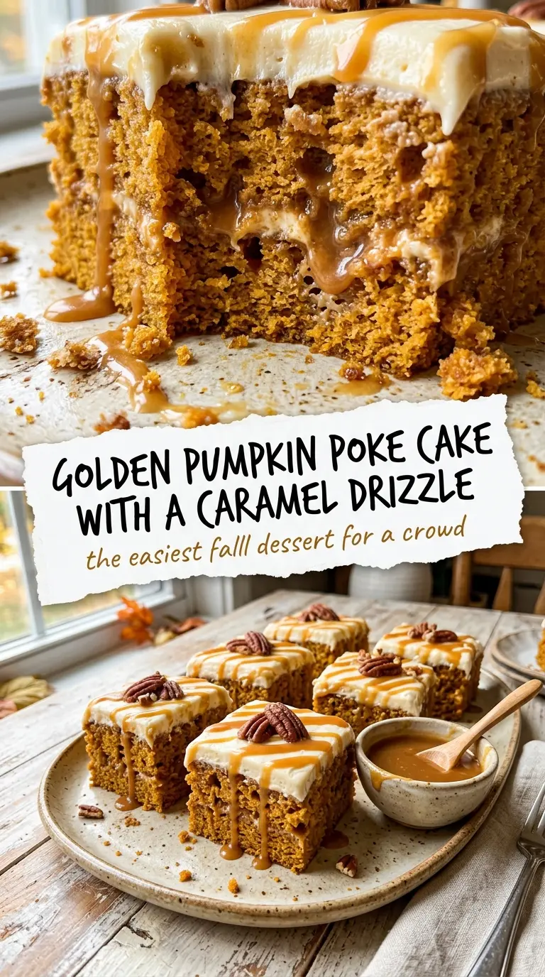 Pumpkin Poke Cake, moist, caramel-drizzled, creamy