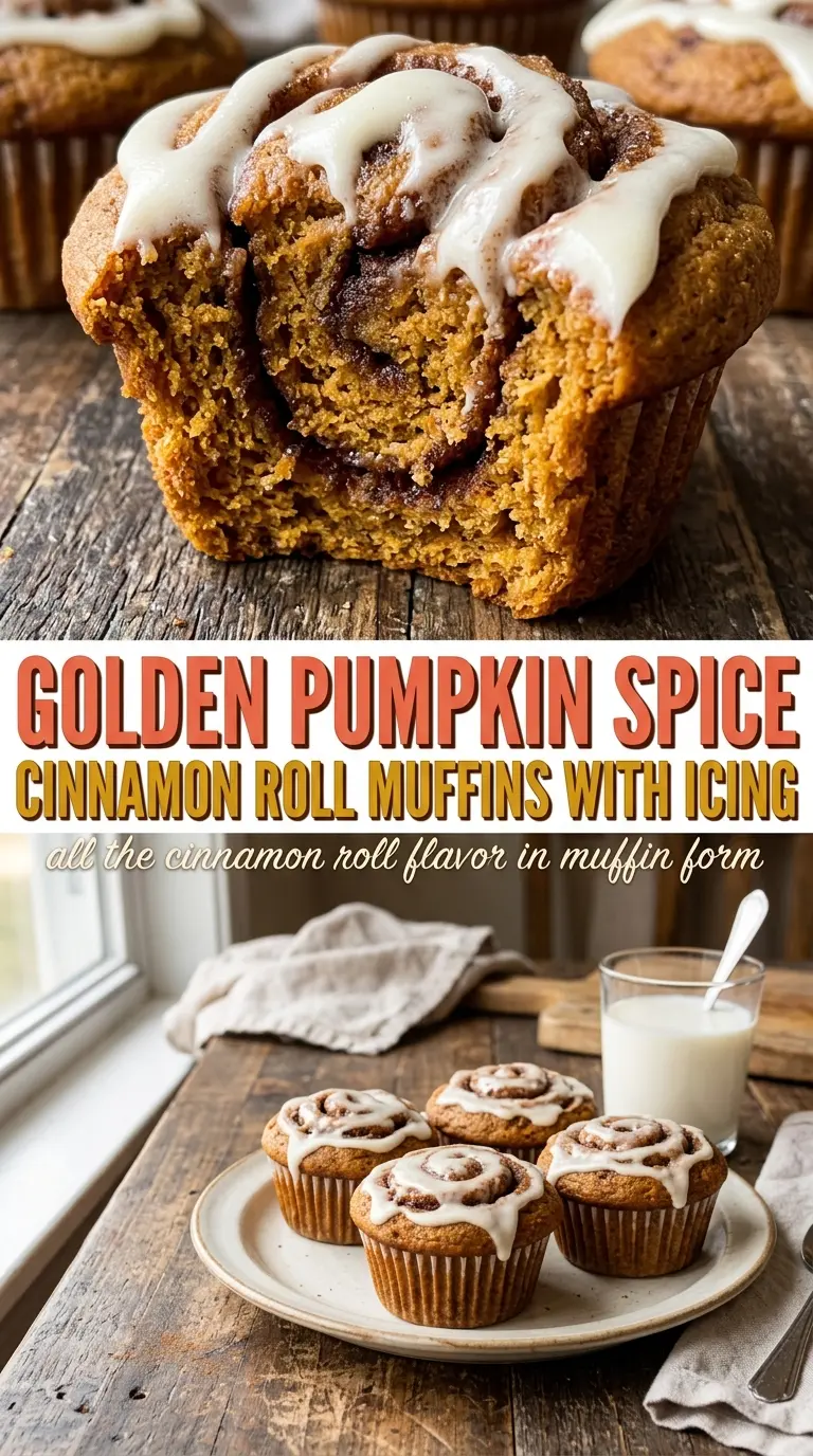 Pumpkin Spice Cinnamon Roll Muffins, swirled icing, soft crumb